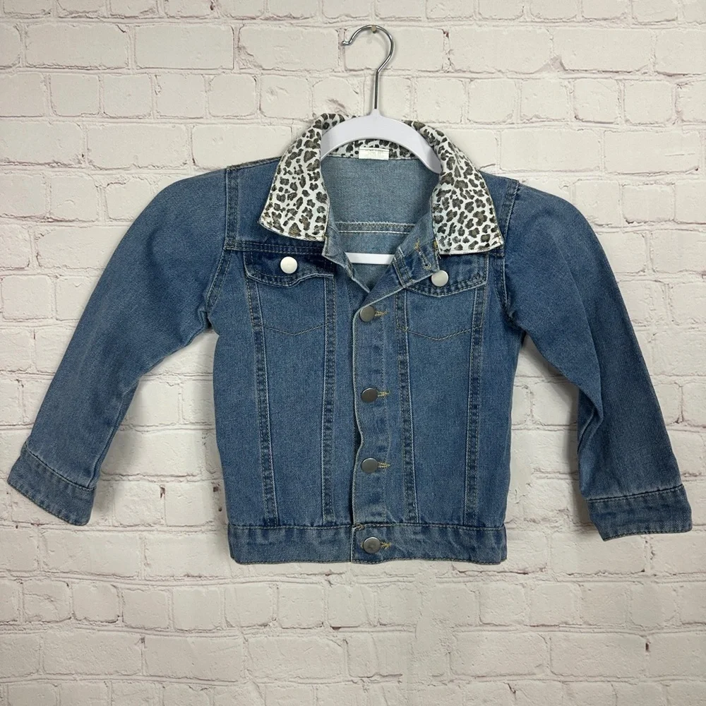 Toddler Girls Leopard Print Collar Denim Jean Jacket Size‎ M, GUC